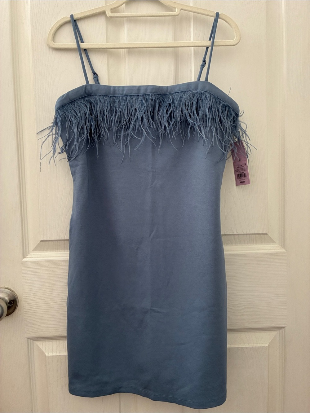 wild fable Feather-Trim Strapless Mini Dress in Dusty Blue
